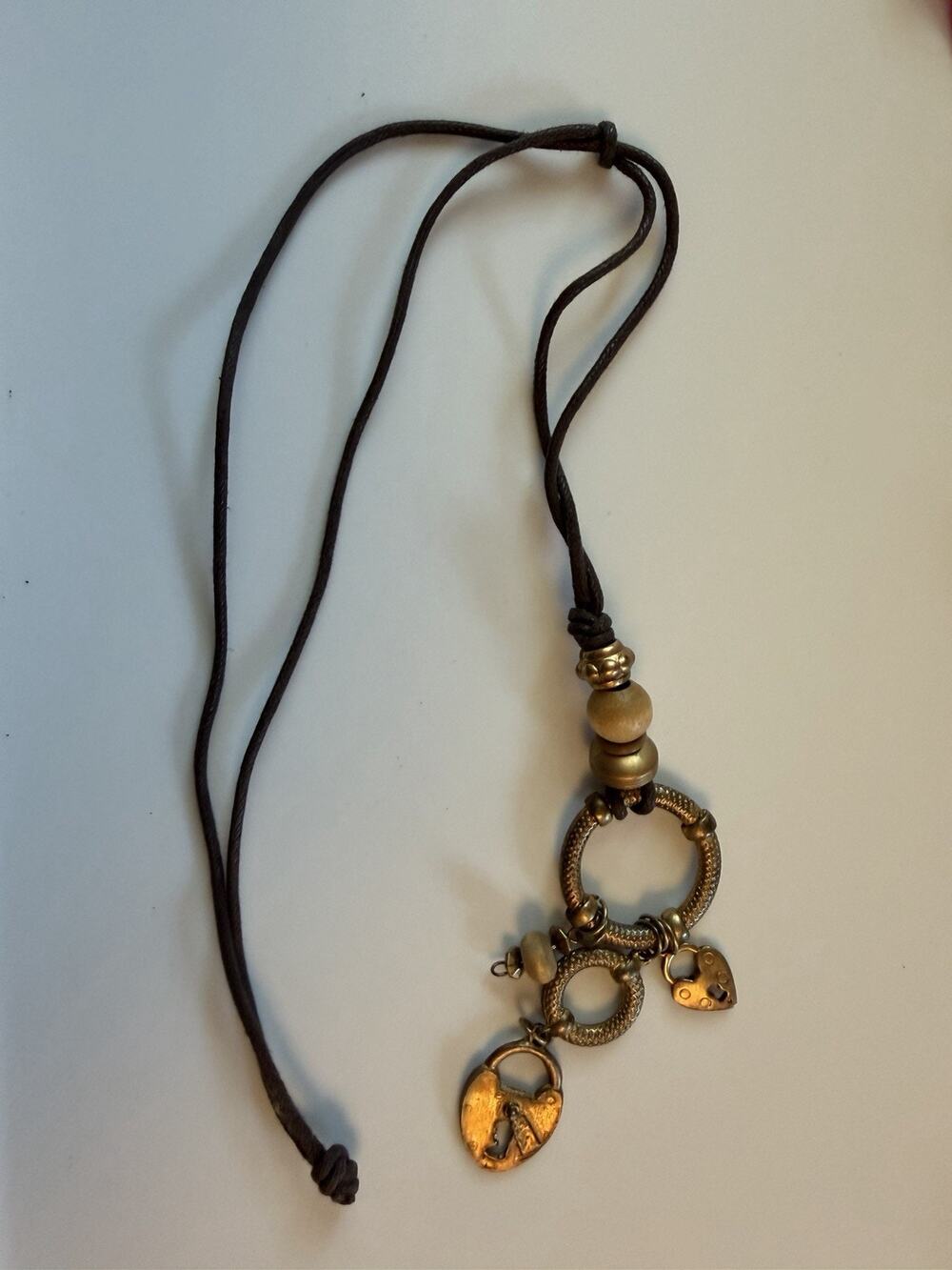 Brown Cord Necklace 20in Adjustable Gold Tone Heart Lock Charm Beads Rings